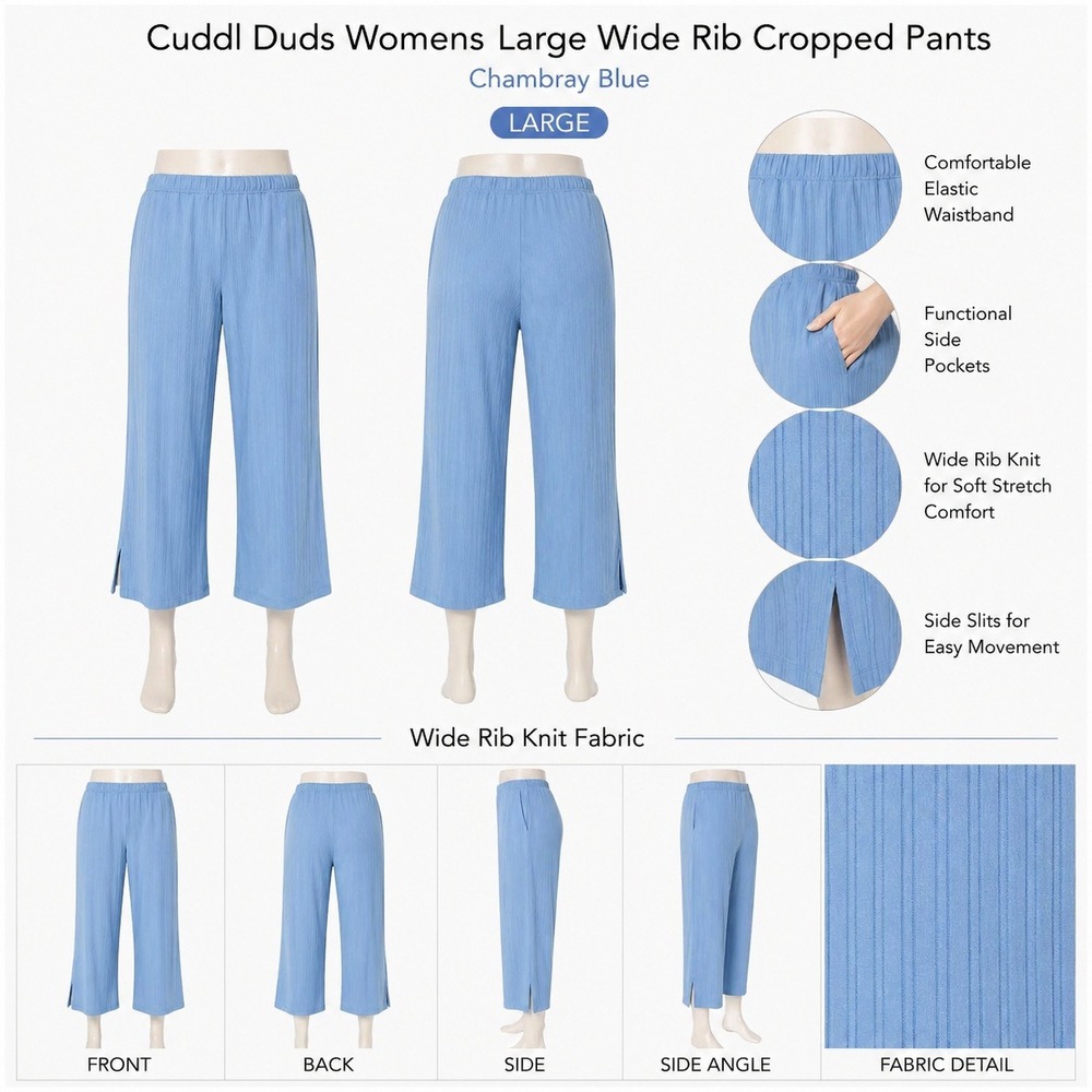 Cuddl Duds Womens Large Wide Rib Cropped Pants Chambray Blue A637430 New